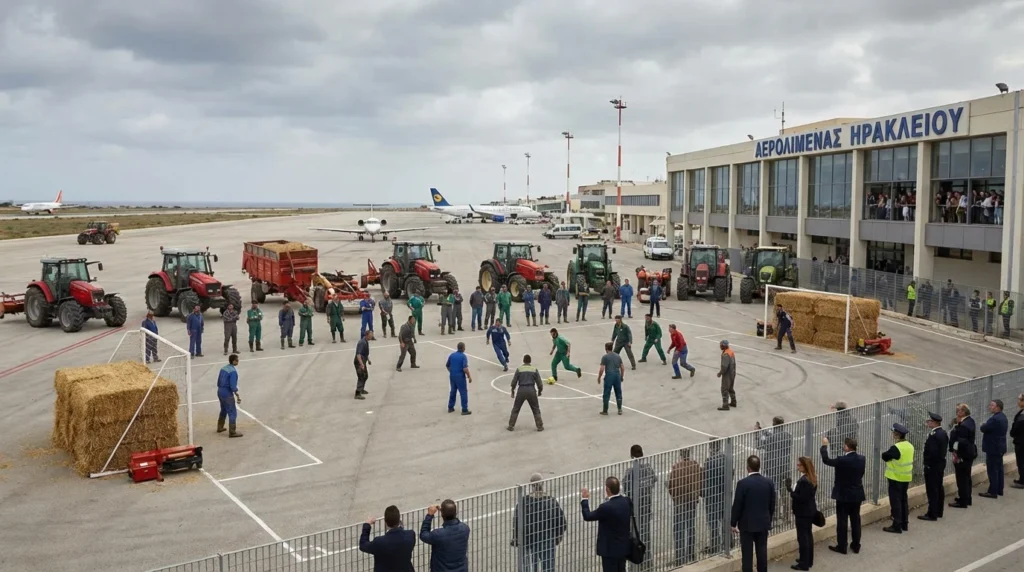 Imagem horizontal 16:9 mostrando Aeroporto Heraklion suspende voos após invasão, com agricultores jogando futebol ao fundo.