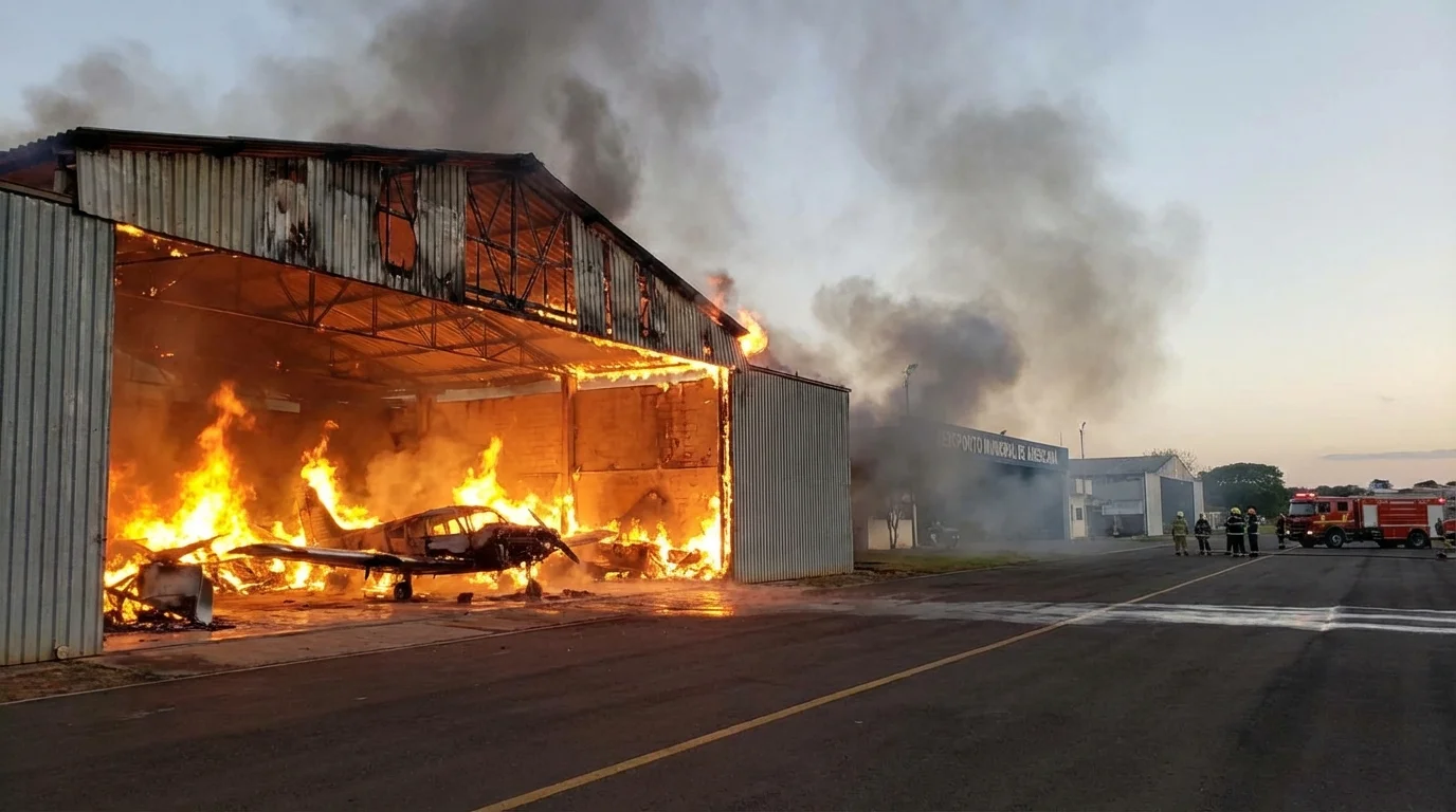 Imagem horizontal representando o aeroporto municipal de Americana durante incêndio em hangar com avião destruído, sem feridos