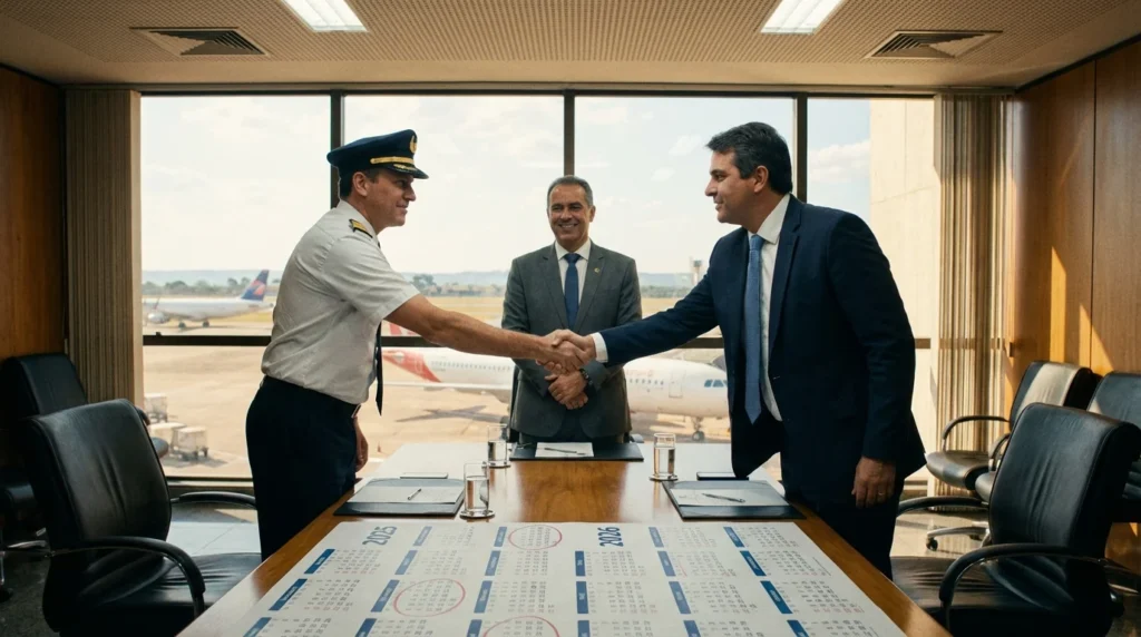 Imagem representando o acordo dos aeronautas no TST, com foco na aprovação do CCT 2025/2026 e na prevenção da greve, relacionada a tst media acordo aeronautas