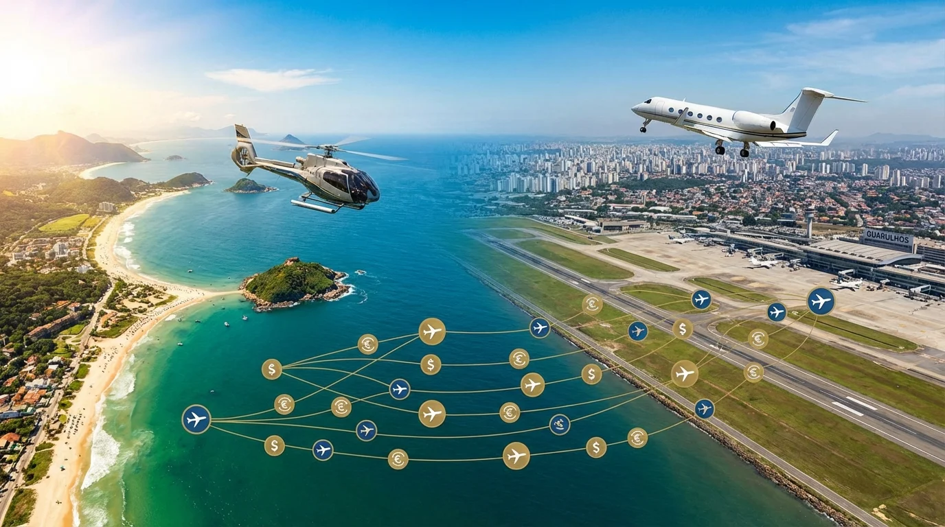 Imagem de capa horizontal 16:9 sobre Revo vende até 50 voos em pacotes, créditos válidos no litoral e Guarulhos, sem textos escritos