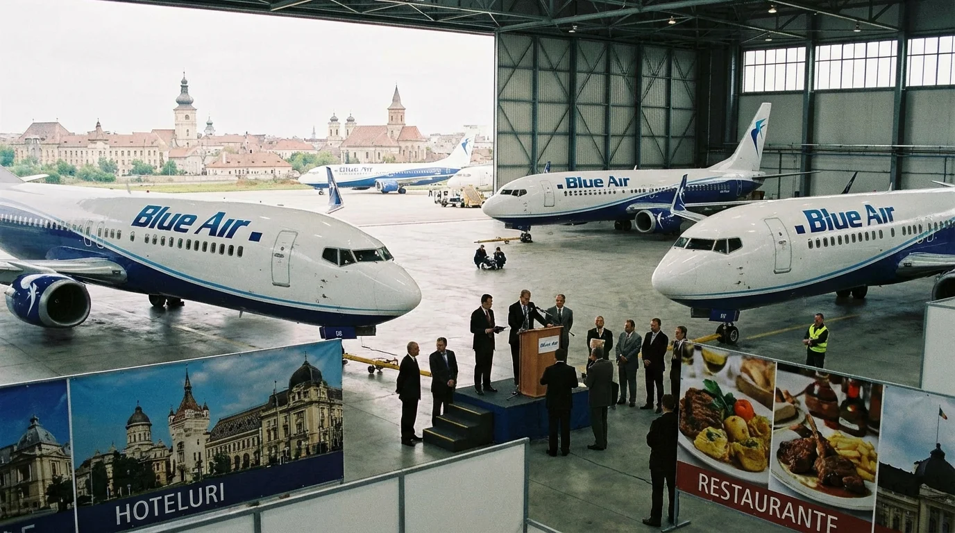Imagem horizontal de um Boeing 737 Blue Air leiloado na Romênia, com sugestões de hotéis e restaurantes ao fundo