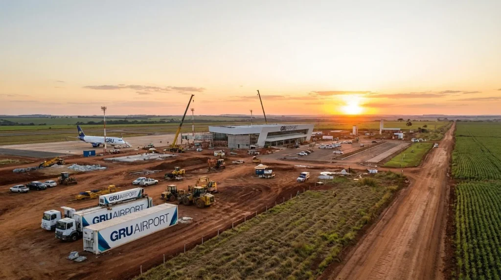 Imagem de capa horizontal 16:9 mostrando investimentos do GRU Airport no aeroporto de Porto Alegre do Norte (MT), sem textos escritos