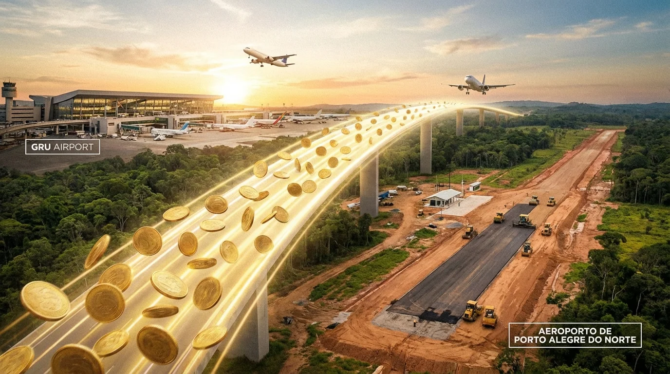 Imagem horizontal de capa 16:9 representando o investimento do GRU Airport no aeroporto de Porto Alegre do Norte com destaque na palavra-chave 'gru airport investirá r'