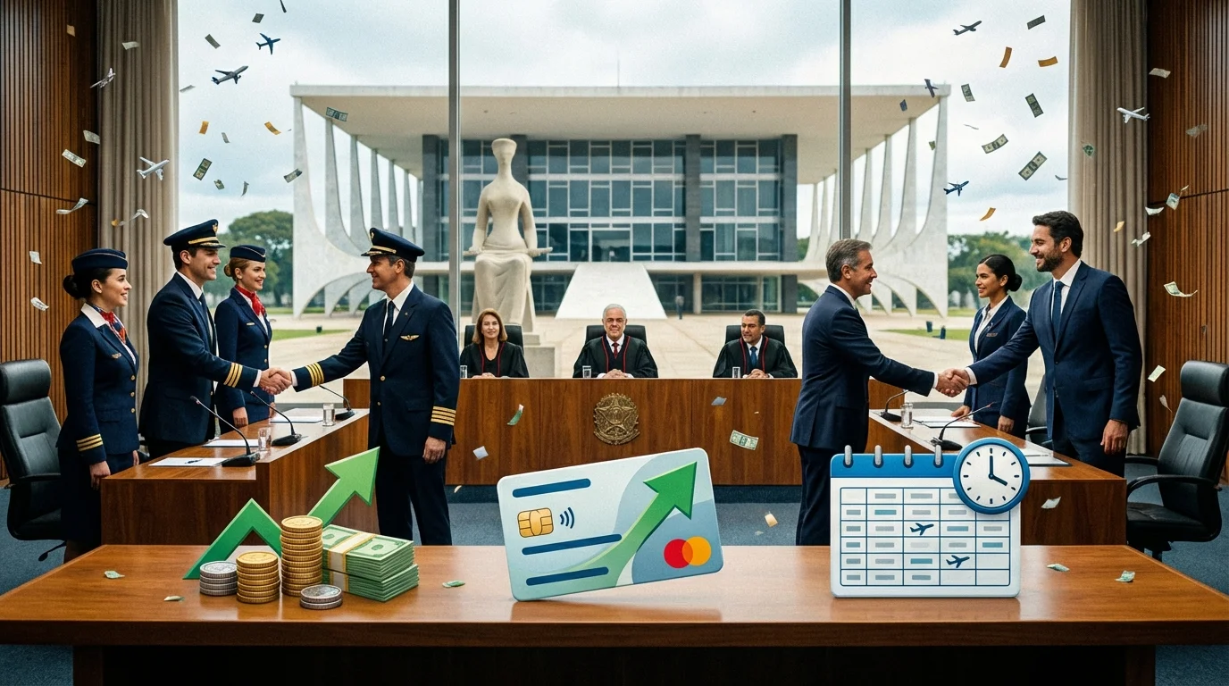 Imagem representando aeronautas fecham CCT no TST com elementos simbólicos da escala, vale e ganhos reais.
