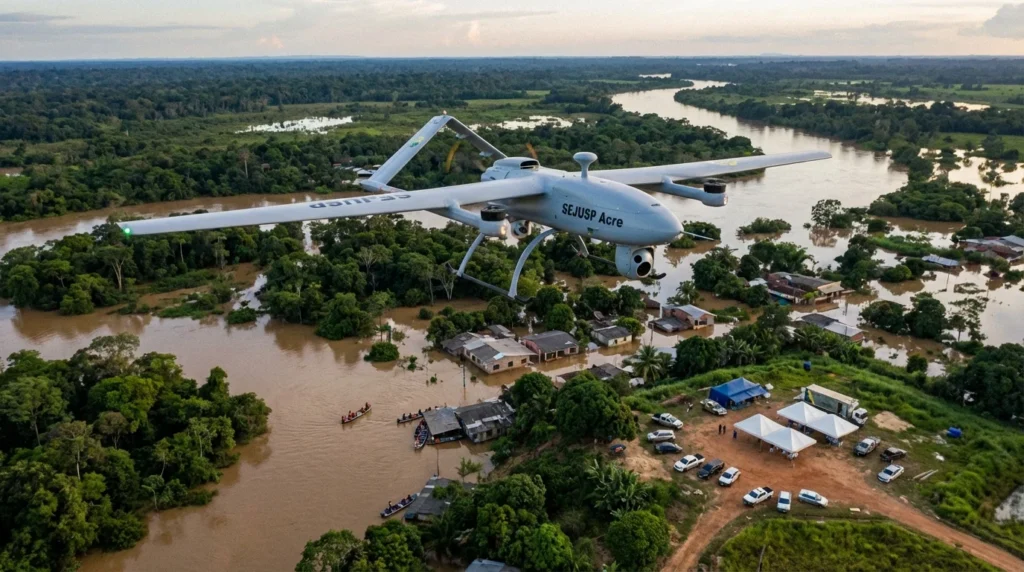 Imagem horizontal representando o Sejusp usa Vant Harpia no Acre para monitorar cheias e apoiar resgates, sem textos escritos