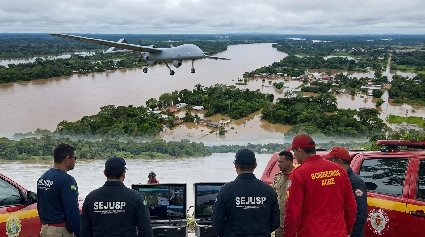 Imagem horizontal 16:9 mostrando Sejusp e Bombeiros do Acre usam VANT Harpia monitorando cheias, sem textos escritos.