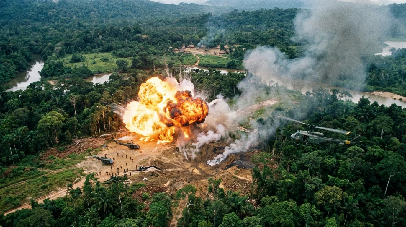 Capa horizontal mostrando FAB e Exército destruindo pistas clandestinas na terra Yanomami usando explosivos, sem textos escritos.