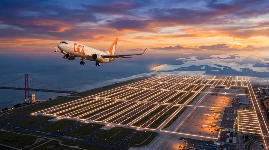 Imagem horizontal 16:9 representando a conquista de 84 slots pela GOL em Lisboa, com elementos de aviação e expansão internacional, focando na palavra-chave gol conquista 84 slots