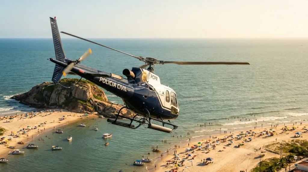 Imagem horizontal 16:9 mostrando PCPR sobrevoando litoral do Paraná com helicóptero para apoiar operações no Verão, sem textos escritos.