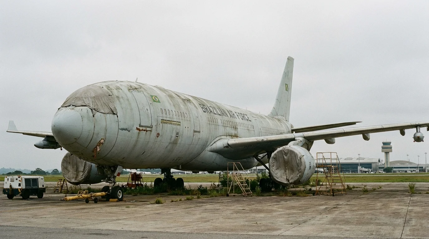 Imagem horizontal 16:9 mostrando o Airbus A330 da FAB parado em Viracopos devido a manutenção atrasada