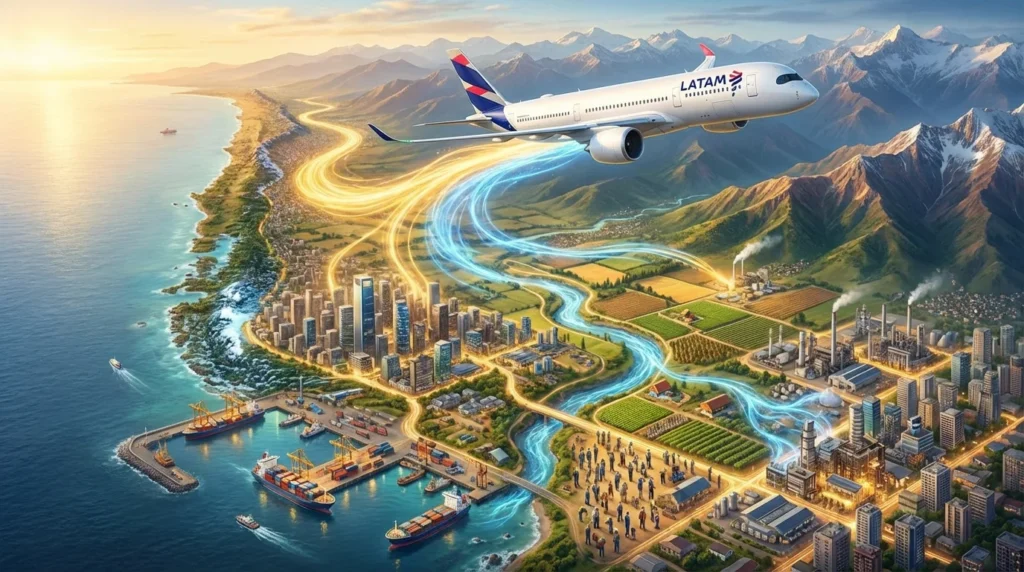 Imagem de capa horizontal 16:9 simbolizando LATAM injeta US$ 5 bilhões no PIB do Chile e sustenta empregos