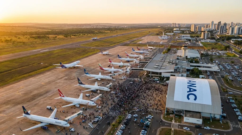 Imagem horizontal representando a confirmação da Anac sobre a aviação no Centro-Oeste, destacando o crescimento de passageiros