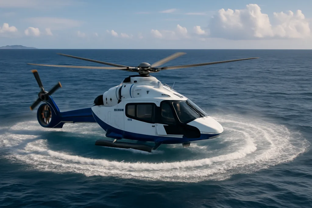 Imagem horizontal 16:9 da Airbus H160 faz amerissagem controlada em alto-mar na região de Cabo Frio, sem textos escritos