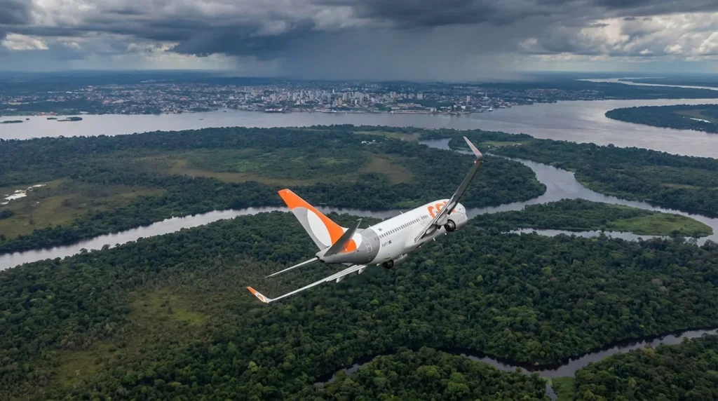 Imagem de capa com Boeing 737 GOL faz meia‑volta sobre a Guiana e rumo a Manaus em formato horizontal 16:9