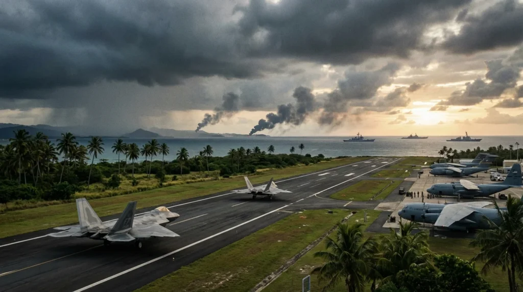 Imagem de capa horizontal 16:9 mostrando o f 22 raptor chega a Porto Rico após ataque dos EUA à Venezuela, sem textos escritos.