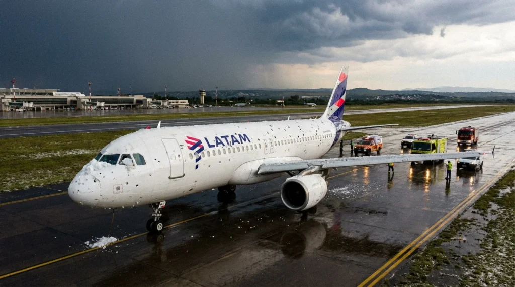 Imagem representando Latam A320 atingido por granizo em Córdoba após arremetida, voo com impacto de granizo visível