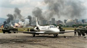 Imagem mostrando o Cessna Citation 550 foi na pista da Base Aérea La Carlota durante ataque