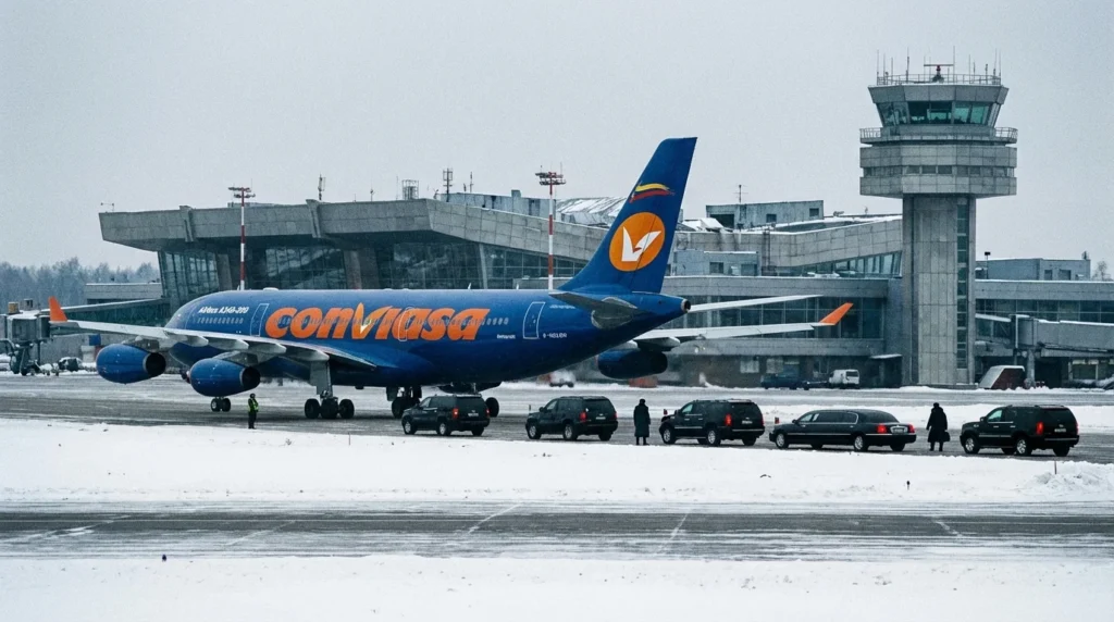 Imagem horizontal 16:9 representando A340 Conviasa voou de Caracas a Moscou, sem textos, com foco na aeronave e o voo internacional.