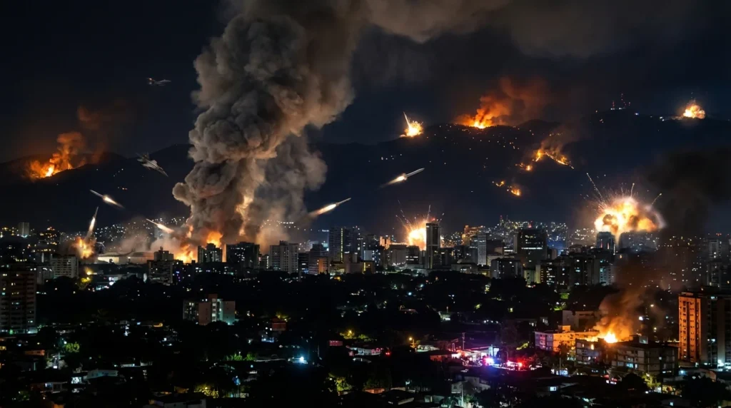 Imagem de capa horizontal 16:9 mostrando Caracas, ataques aéreos atingem La Carlota, Hatillo e bases militares, destacando a tensão na cidade.