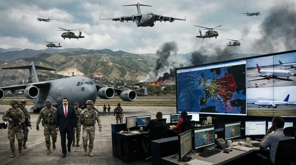 Imagem horizontal 16:9 representando EUA atacam Venezuela e capturam Maduro na aviação
