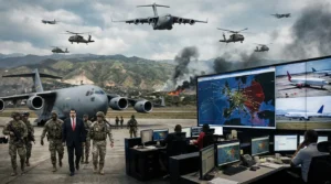 Imagem horizontal 16:9 representando EUA atacam Venezuela e capturam Maduro na aviação